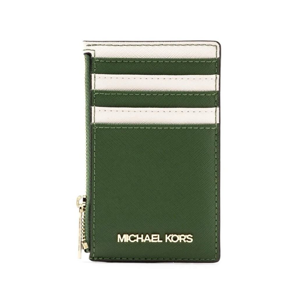 MICHAEL KORS JET SET TRAVEL TOP ZIP CARD CASE LEATHER WALLET FERN GREEN MULTI